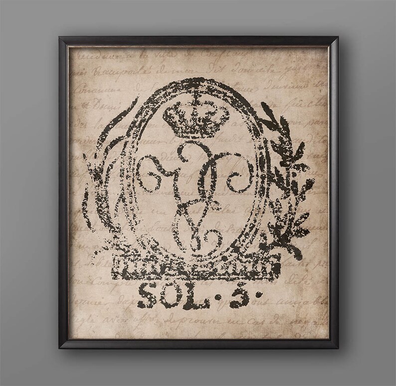 May include: Black and white vintage style print of a crest with a crown and the text "SOL. 3." on a background of faded handwritten text.