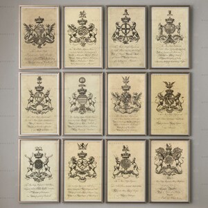 COMPLETE FAMILY CREST Prints, Set of 12 Illustrations, English Shields, Baronagium Genealogicum, Heraldry Print, Renaissance, Medieval, Art