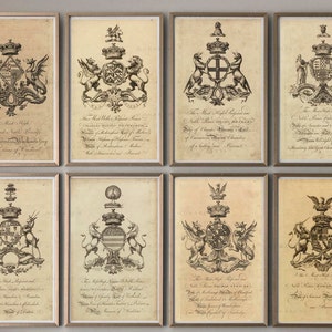 COAT OF ARMS Prints, Set of 8 Armorial English Engravings , Baronagium Genealogicum, Family Crest, Heraldry Print, Renaissance, Medieval