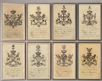 Coat of Arms Prints: English Armorial Engravings, Family Crest Set