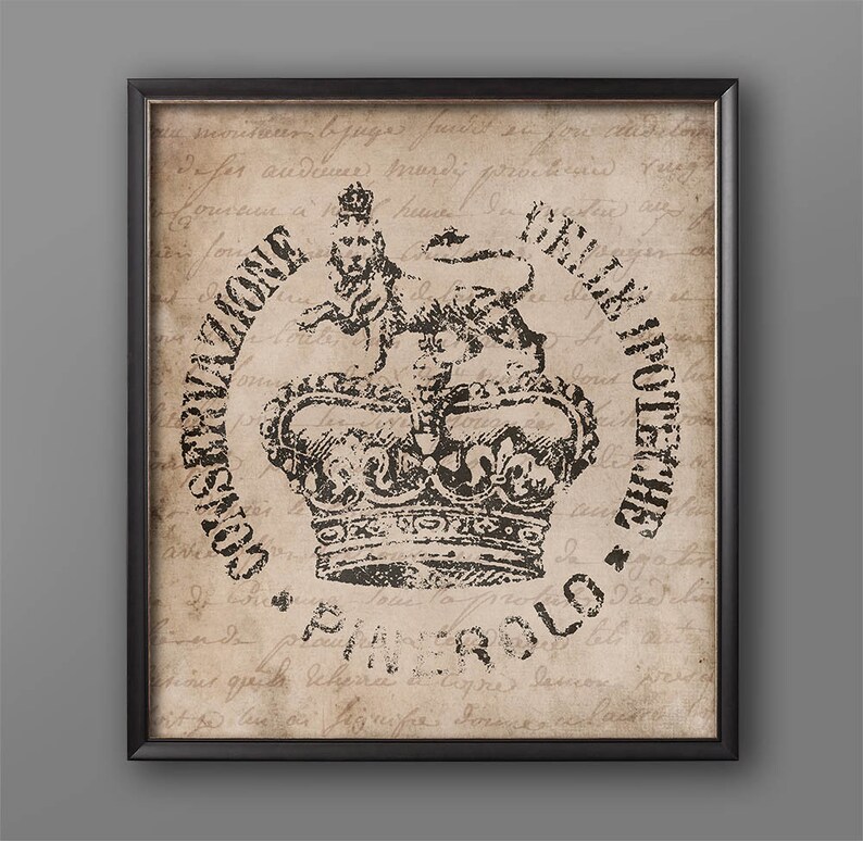 May include: A vintage-style print featuring a black and white illustration of a crown and a lion with the text "CONSTITUTIONAL MONARCHY" and "MADE IN HOLLAND" in a circle around the crown and lion.