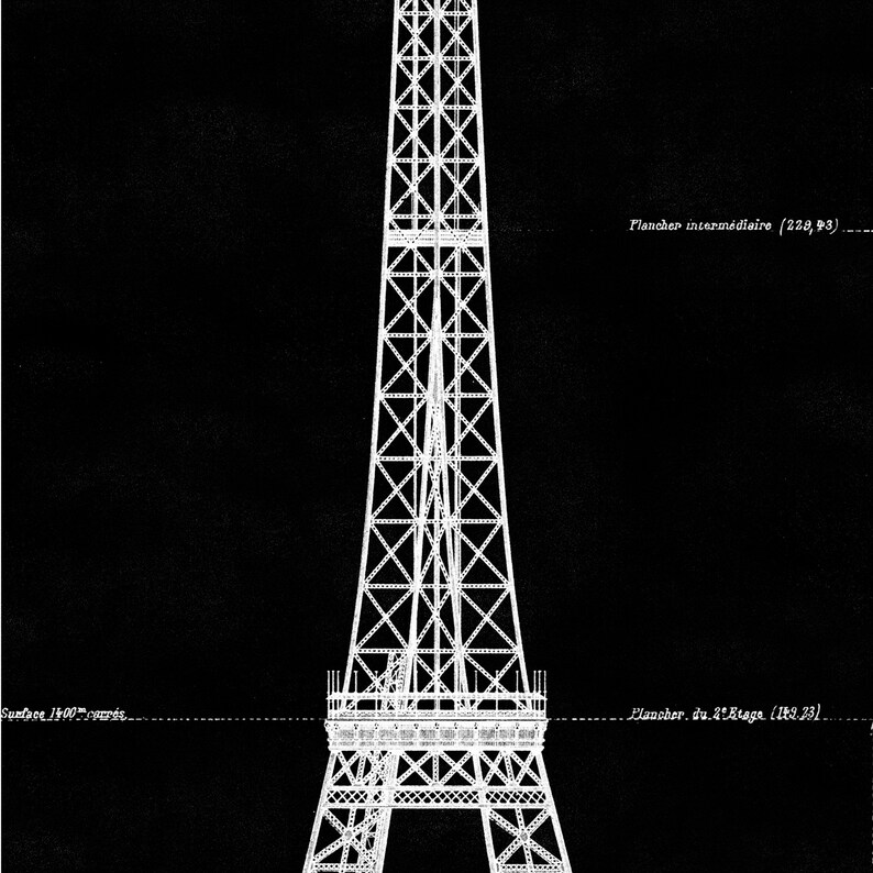 Eiffel Tower Blueprint Vintage French Art Decor Building Etsy