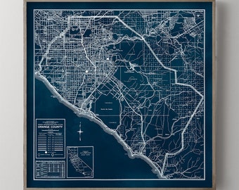 Orange County Map, Vintage Orange County California Map Poster Print, Los Angeles Map, Laguna Beach Map, Newport Beach Map, Blue and White