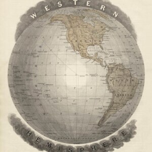 Vintage World Map Western Hemisphere Globe Print, Art Poster, Map of ...