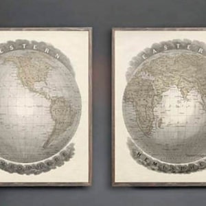 Vintage Maps of the Western Hemisphere and Eastern Hemisphere, Map of the World, Old World Map, USA Map, Australia Map, Africa Map, Asia Map