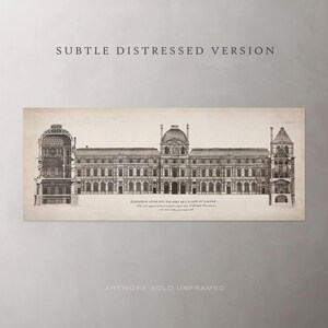 May include: A black and white architectural drawing of the Louvre Museum in Paris, France. The drawing shows the facade of the building, with its many windows and columns. The text "ELEVATION INTERIEURE DU PALAIS DU LOUVRE, SUR LA COUR DU LOUVRE" is printed below the drawing.