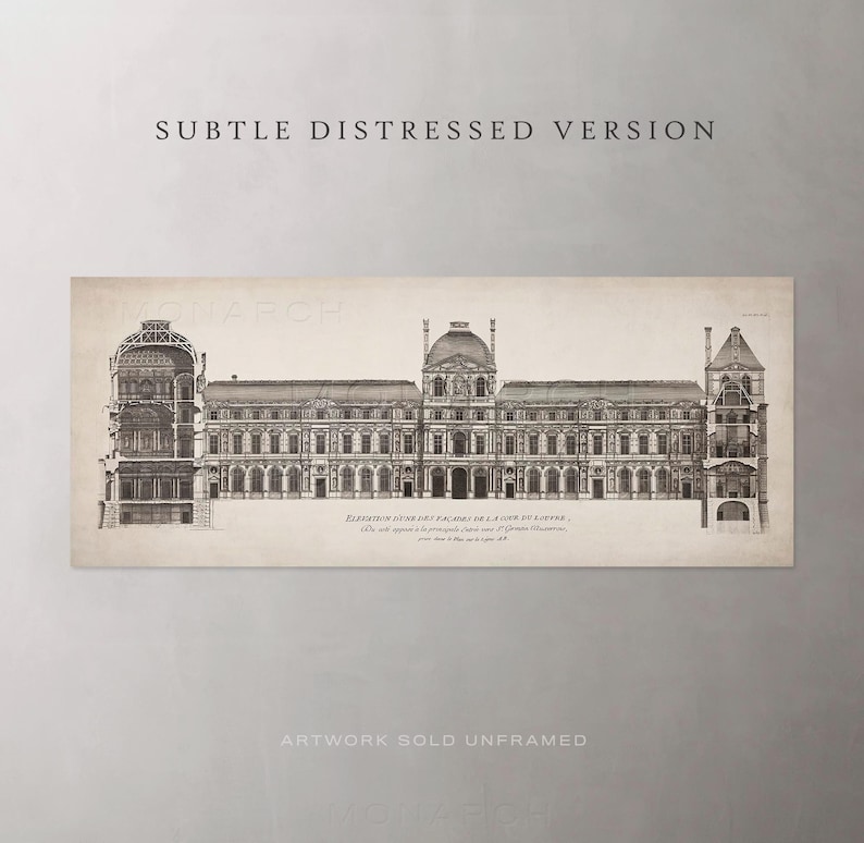 May include: A black and white architectural drawing of the Louvre Museum in Paris, France. The drawing shows the facade of the building, with its many windows and columns. The text "ELEVATION INTERIEURE DU PALAIS DU LOUVRE, SUR LA COUR DU LOUVRE" is printed below the drawing.