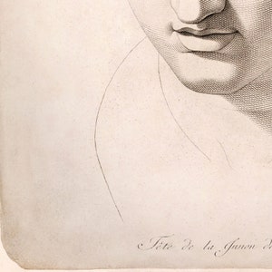 May include: A detailed black and white etching of a person's face, focusing on the lips and nose. The artwork is finely detailed with cross-hatching and delicate lines. The text "F&ecirc;te de la Junon" is visible at the bottom.