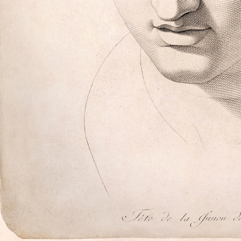 May include: A detailed black and white etching of a person's face, focusing on the lips and nose. The artwork is finely detailed with cross-hatching and delicate lines. The text "F&ecirc;te de la Junon" is visible at the bottom.