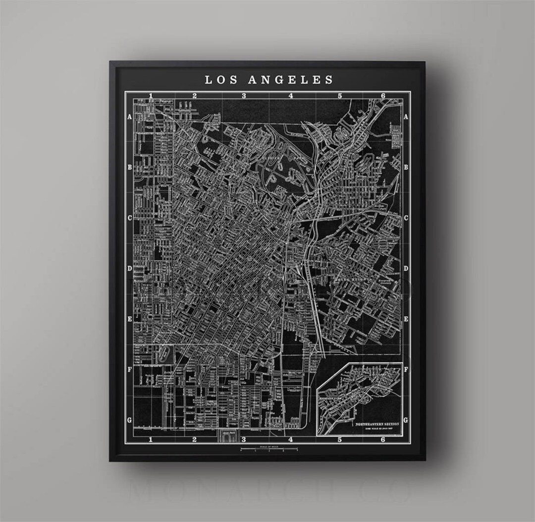 Los Angeles City Map Print, Black and White 1900s Los Angeles Map ...