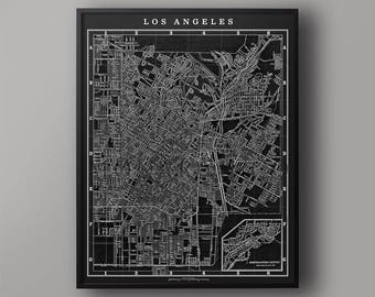 Los Angeles City Map Print, Black and White 1900s Los Angeles Map, Lithographic Map Print of Los Angeles California Giclee, Hollywood Map