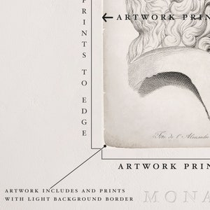 Może przedstawiać: Czarno-biała, vintage'owa ilustracja popiersia osoby. Obraz zawiera tekst "Site de l'Alessandre" i "ARTWORK PRINT". Tekst "PRINTS TO EDGE" znajduje się po lewej stronie obrazu.