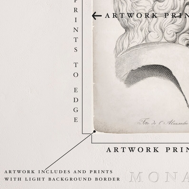 Może przedstawiać: Czarno-biała, vintage'owa ilustracja popiersia osoby. Obraz zawiera tekst "Site de l'Alessandre" i "ARTWORK PRINT". Tekst "PRINTS TO EDGE" znajduje się po lewej stronie obrazu.
