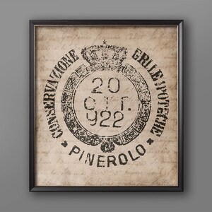 May include: A vintage-style stamp with a crown and the text "CONSIGLIO VICINO BRILLIO VOSTRE" and "20 C.T.F. 922" and "PINEROLO". The stamp is printed on a beige background with faded writing.