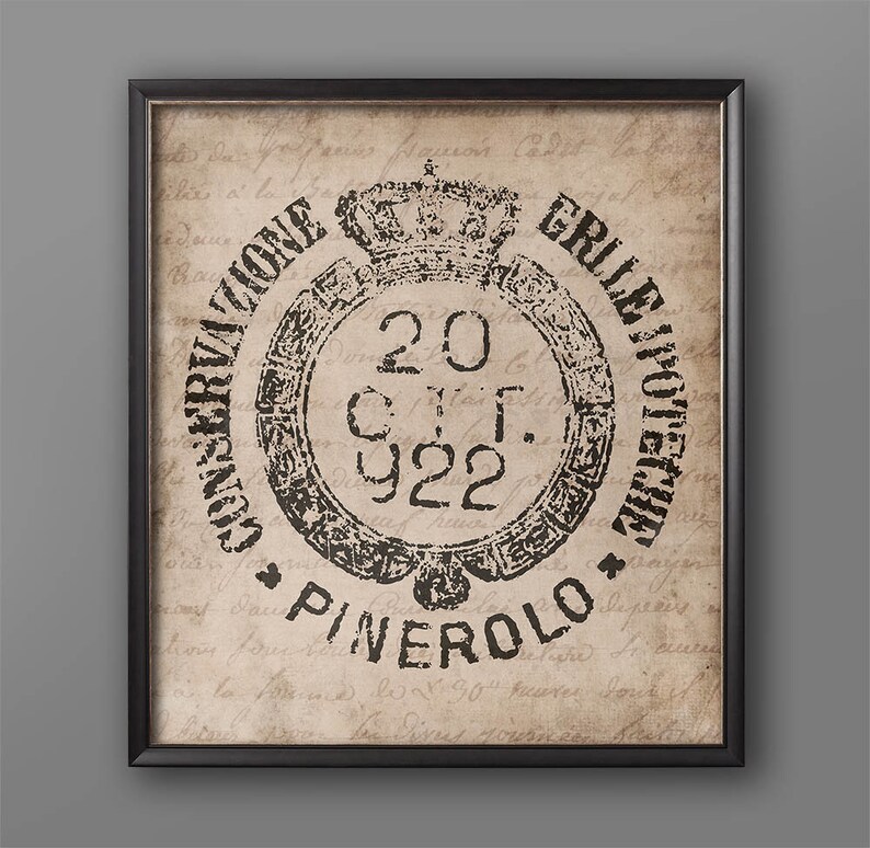 May include: A vintage-style stamp with a crown and the text "CONSIGLIO VICINO BRILLIO VOSTRE" and "20 C.T.F. 922" and "PINEROLO". The stamp is printed on a beige background with faded writing.