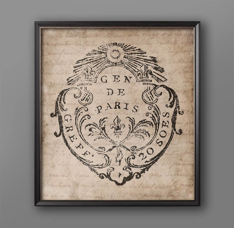 May include: A vintage-style print with a black and white design of a crest with the text "GEN DE PARIS GREFF SEOS 20" on a beige background with handwritten text.