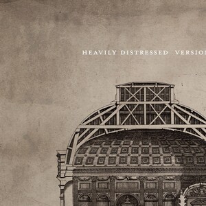 May include: A black and white line drawing of a domed building with a heavily distressed, vintage aesthetic. The text "HEAVILY DISTRESSED VERSION" is at the top of the image.