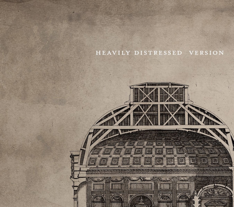 May include: A black and white line drawing of a domed building with a heavily distressed, vintage aesthetic. The text "HEAVILY DISTRESSED VERSION" is at the top of the image.