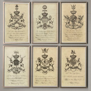 COAT OF ARMS Prints, Set of 6 Crests, English Shields, Baronagium Genealogicum, Family Crest, Heraldry Print, Renaissance, Medieval, Decor