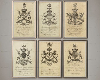 Coat of Arms Prints: English Family Crest Heraldry Art, Set of 6