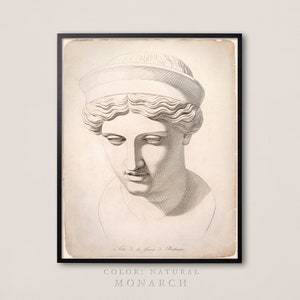 May include: A framed print featuring a detailed grayscale illustration of a classical bust. The artwork depicts a woman with a serene expression, wearing a head covering. The print has a natural color and is labeled "T&ecirc;te de la Junon de Barberini".