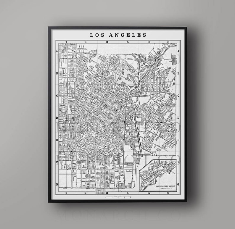 Los Angeles Map Print, Vintage 1900s LA Map, Circa 1900s Lithograph Map