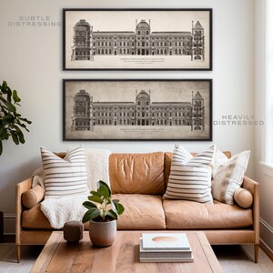May include: Two black framed prints of architectural drawings of a building. The top print has the text "SUBTLE DISTRESSING" in the top left corner. The bottom print has the text "HEAVILY DISTRESSED" in the bottom right corner. The prints are hanging on a white wall above a brown leather sofa with striped pillows.