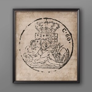 May include: A black and white vintage illustration of a crowned coat of arms with a figure lying on a bed of reeds. The image is printed on a textured paper background with faded writing.