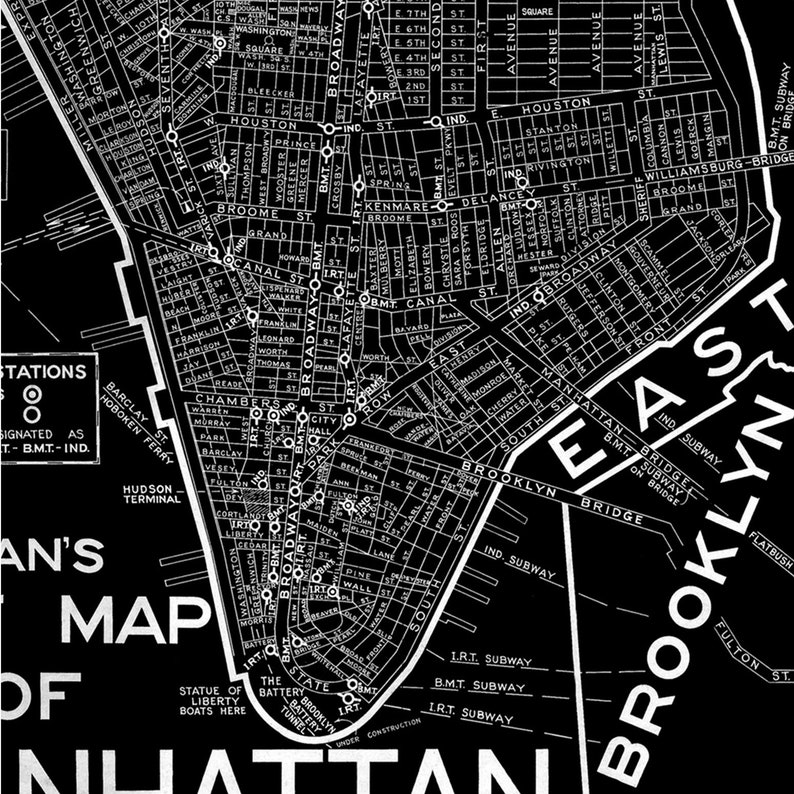 Manhattan Street Map Print Vintage NYC Detailed Map of New - Etsy