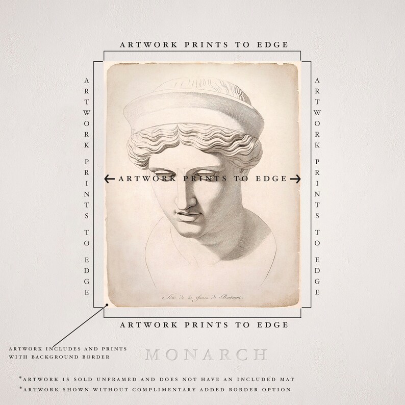 May include: A detailed black and white print of a classical bust, featuring a woman with a serene expression and a draped head covering. The artwork is presented with a border and the text "ARTWORK PRINTS TO EDGE". The word "MONARCH" is also visible.