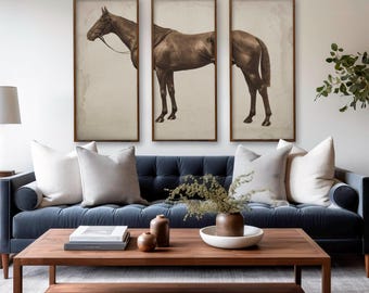 Vintage Horse Triptych Print: Sepia Equestrian Art
