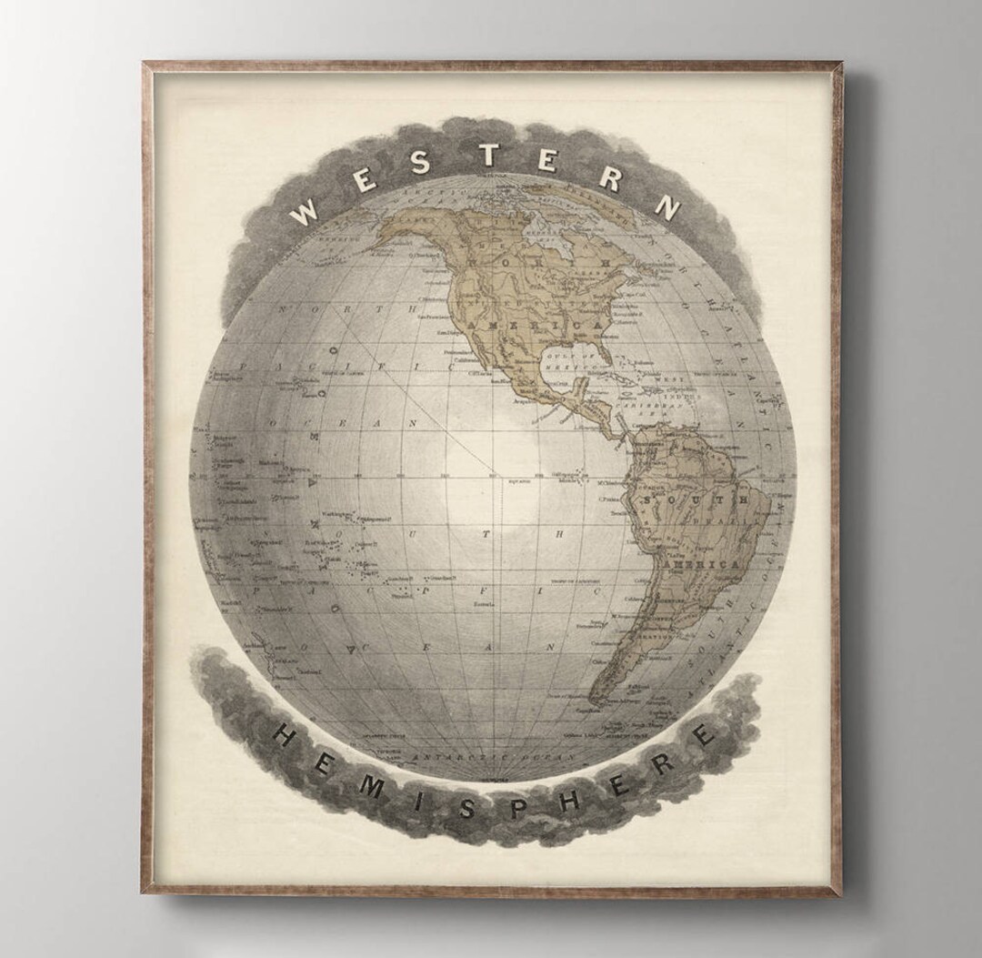 Vintage World Map Western Hemisphere Globe Print, Art Poster, Map of ...