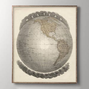 Vintage World Map Western Hemisphere Globe Print, Art Poster, Map of the World, Western Hemisphere Map, Australia, Africa Map, Asia Map