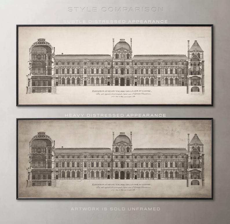 May include: Two black and white architectural drawings of the Louvre Museum in Paris, France. The top image shows a subtle distressed appearance, while the bottom image shows a heavy distressed appearance. Both images include the text "ELEVATION INTERIEURE DU FA&Ccedil;ADE DE LA COUR DU LOUVRE."
