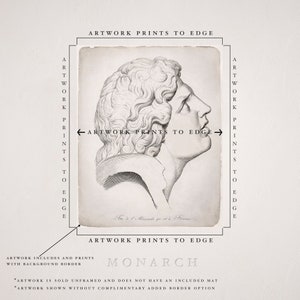 Może przedstawiać: Czarno-biały rysunek głowy mężczyzny w profilu. Obraz nosi tytuł "ARTWORK PRINTS TO EDGE" i "MONARCH".