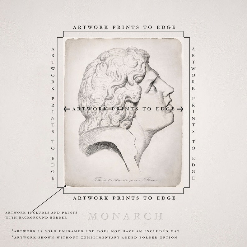 Może przedstawiać: Czarno-biały rysunek głowy mężczyzny w profilu. Obraz nosi tytuł "ARTWORK PRINTS TO EDGE" i "MONARCH".