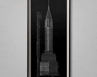 CHRYSLER BUILDING BLUEPRINT, Elevation, Plans, Chrysler Building Floorplan, Chrysler Building Architecture, Decor, Large Wall Art, Architect