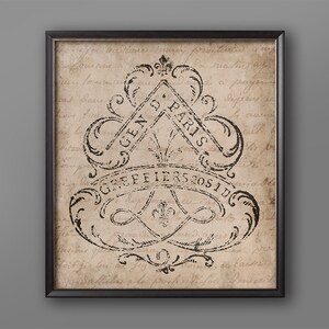 May include: A black and white vintage-style graphic print with a decorative design featuring the text "Chez Paris Greffiers 2051D". The background is a faded beige with handwritten text.