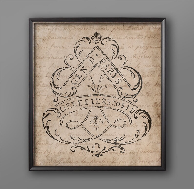 May include: A black and white vintage-style graphic print with a decorative design featuring the text "Chez Paris Greffiers 2051D". The background is a faded beige with handwritten text.