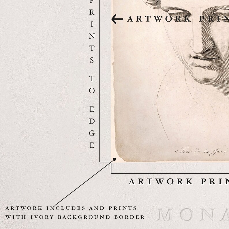 May include: Artwork print with an ivory background border. The print features a detailed illustration of a classical bust. The text "PRINTS TO EDGE" is vertically aligned on the left side of the artwork.