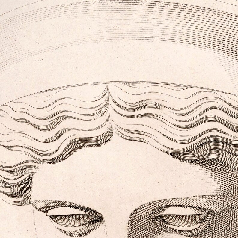 May include: Detailed black and white engraving of a human face, focusing on the eyes and hair. The eyes are closed, and the hair is styled in soft waves. The image has a vintage aesthetic.