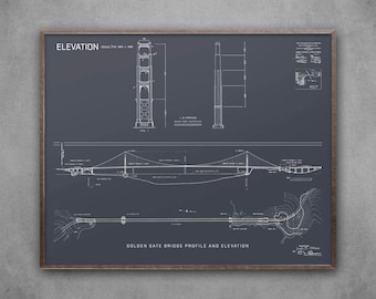 Golden Gate Bridge Blueprint, SF California, American Architecture, Golden Gate Bridge Construction, Golden Gate Bridge Large Print Artwork