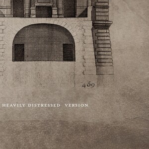May include: Black and white line drawing of an architectural detail, showing a vaulted archway with two openings. The drawing is labeled "459" and "HEAVILY DISTRESSED VERSION".