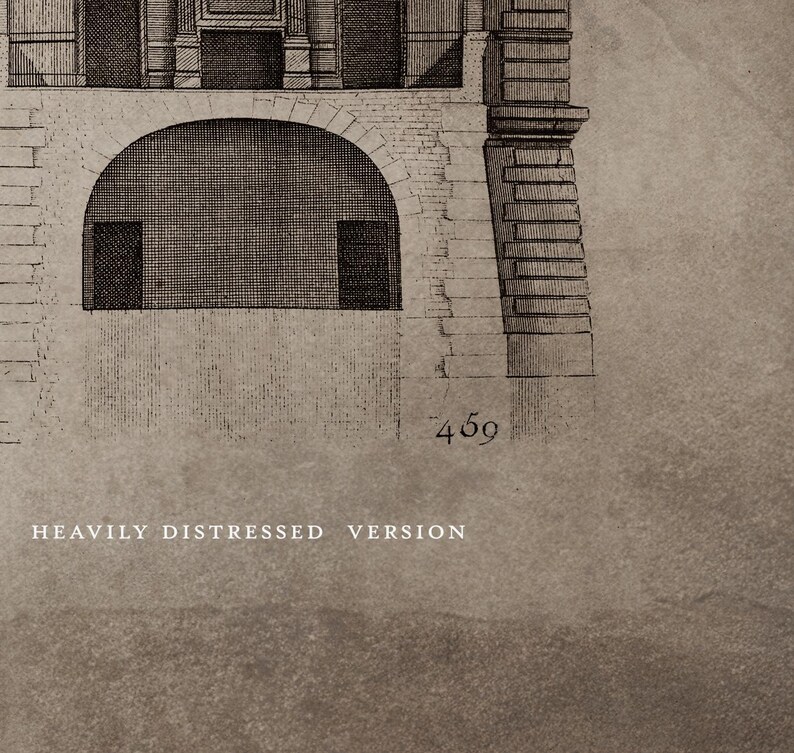 May include: Black and white line drawing of an architectural detail, showing a vaulted archway with two openings. The drawing is labeled "459" and "HEAVILY DISTRESSED VERSION".