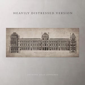 May include: A distressed black and white architectural drawing of a large building with a central dome and two towers. The drawing is titled "ELEVATION LATERALE DU PALAIS DE LA LOUVRE" and includes the text "On voit au second plan la figure du grand cote de l'Eglise de Saint Germain l'Auxerrois, avec le clocher de l'Eglise de Saint-Germain-des-Pres."