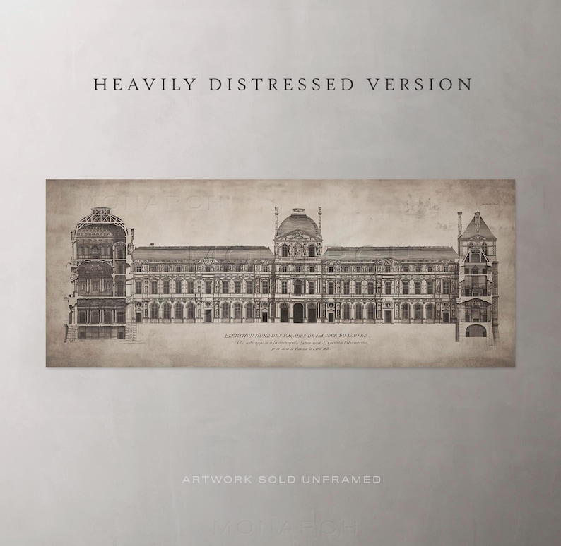 May include: A distressed black and white architectural drawing of a large building with a central dome and two towers. The drawing is titled "ELEVATION LATERALE DU PALAIS DE LA LOUVRE" and includes the text "On voit au second plan la figure du grand cote de l'Eglise de Saint Germain l'Auxerrois, avec le clocher de l'Eglise de Saint-Germain-des-Pres."