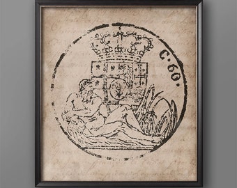18th Century Heraldic Crest Print: Vintage European Document Seal