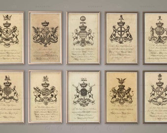 Coat of Arms Prints: English Armorial Engravings, Family Crest Set