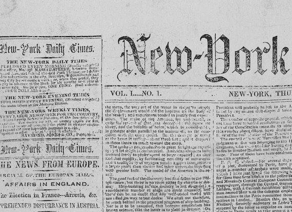 NY Times First Issue Newspaper Print: September 18, 1851, Vintage