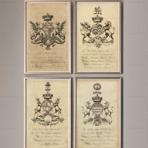 COAT OF ARMS Prints, Set of 4 Crests, English Shields, Baronagium Genealogicum, Family Crest, Heraldry Print, Renaissance, Medieval, Decor